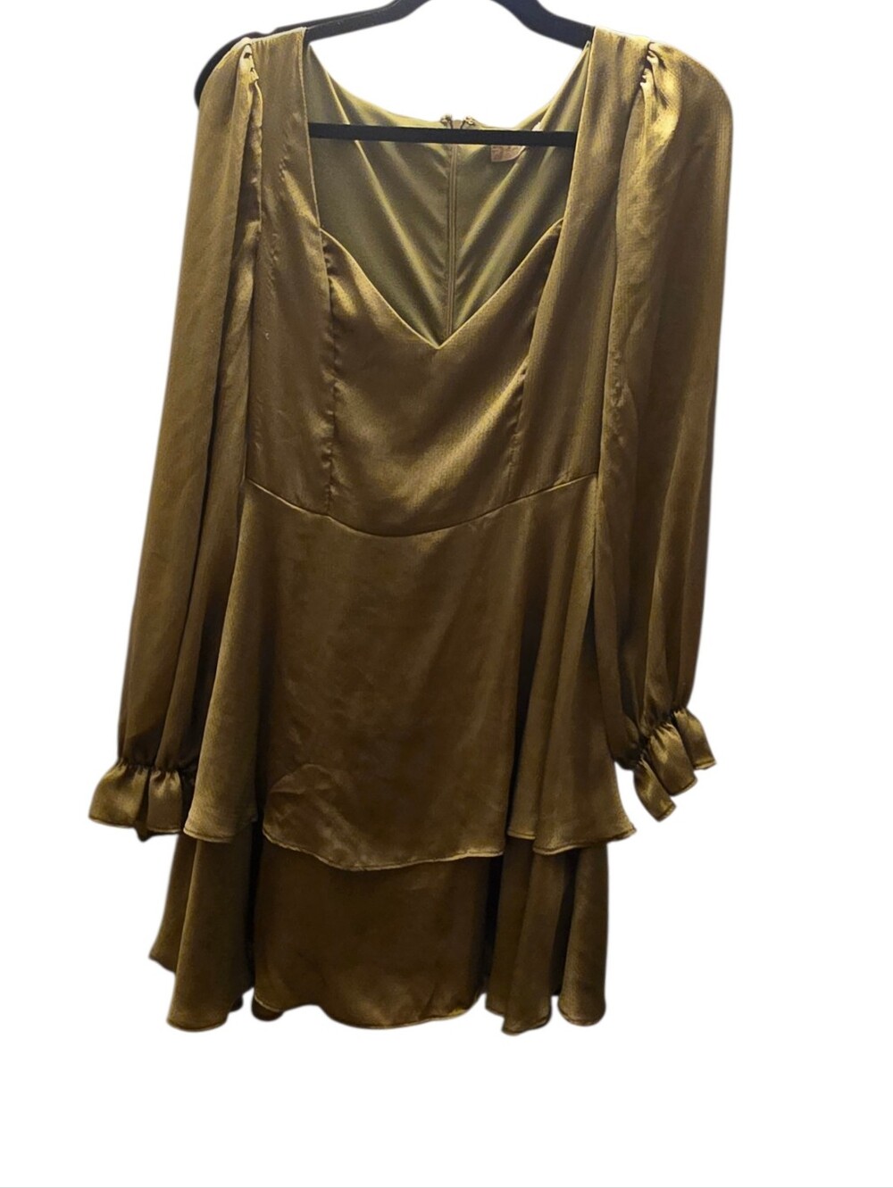 Altar'd State Olive Satin Long-Sleeve Layered Mini Dress